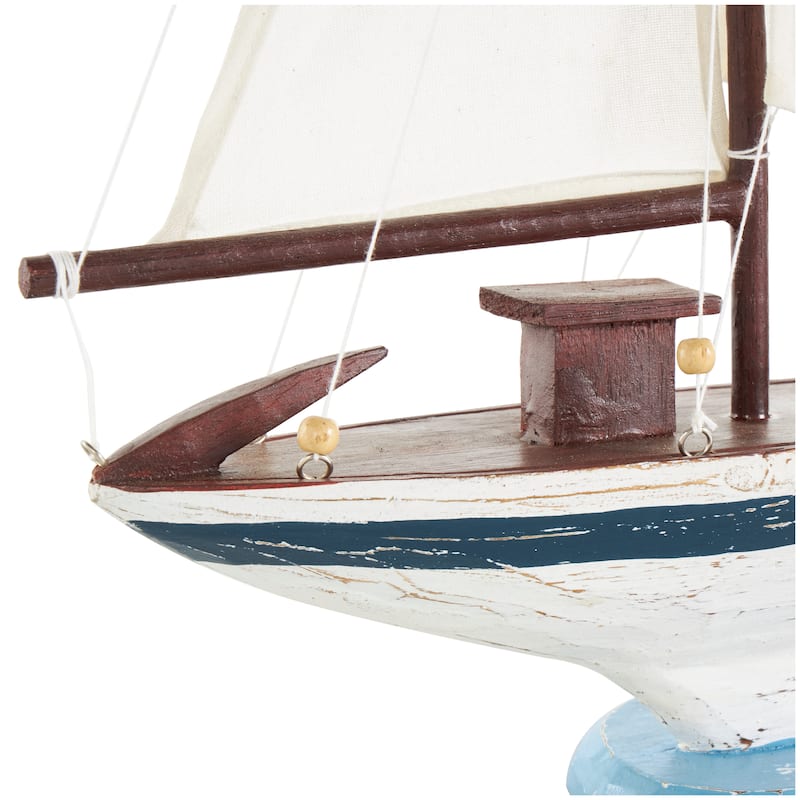 White Wood Distressed Sail Boat Decorative Sculpture with Brown Wood and Beaded Accents