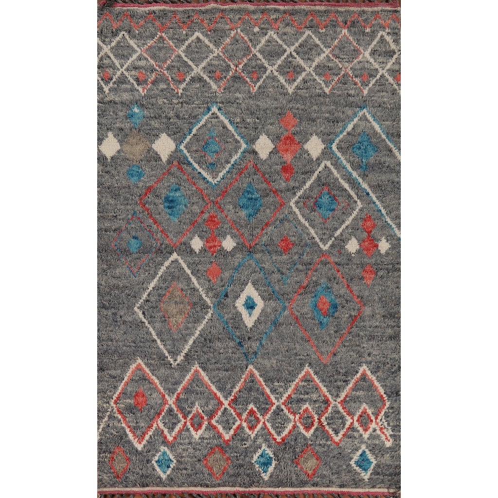 Grey Moroccan Area Rug Hand-Knotted Wool Carpet - 5'4" x 9'6"