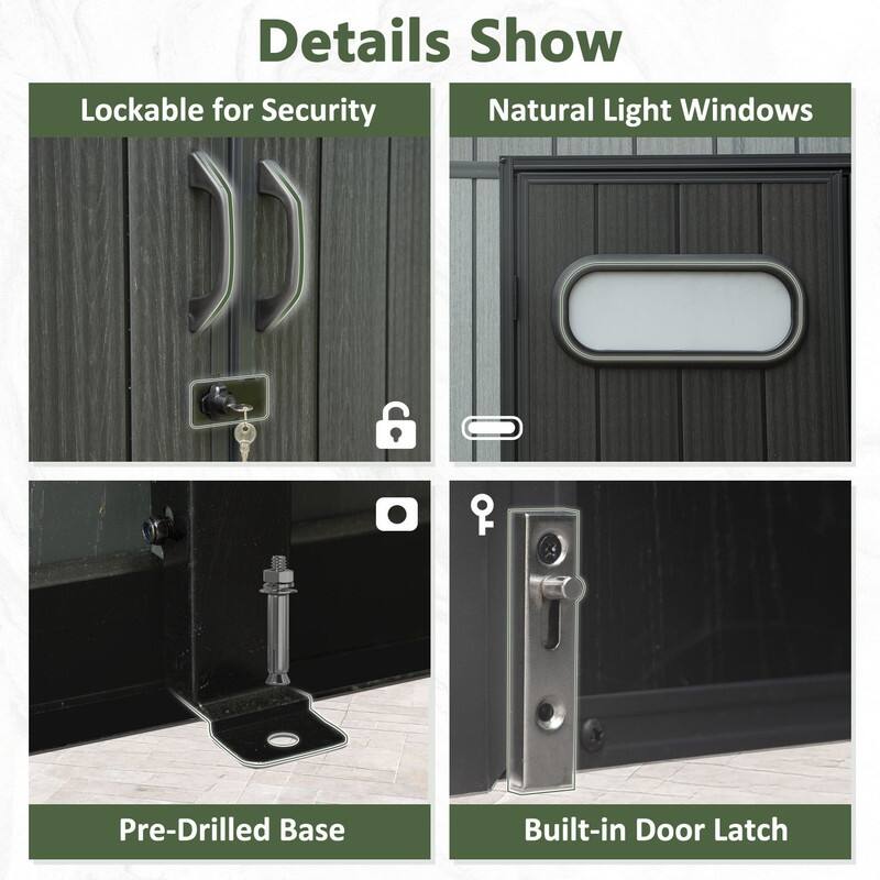 Domi Outdoor Resin Storage Shed, Waterproof Plastic Garden Shed with Lockable Door, Windows & Vents, Outside Tool Storage Shed