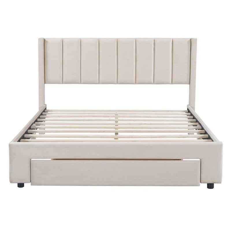 Velvet Upholstered Platform Bed with a Big Drawer,Full/Queen Size