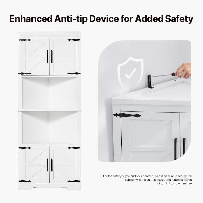 68" White Corner Storage Cabinet with 6 Adjustable Shelves and 4 Wooden Doors - 27"L x 14.2"W x 67.3"H