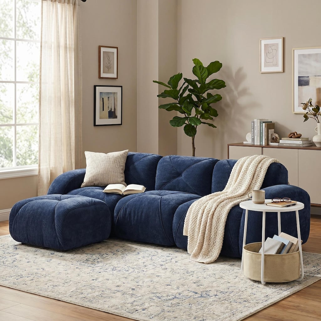 Homy Casa L Shaped Velvet Cloud Sofa with Movable Ottoman and Round Storage End Table Set for Living Room - Sofa with End Table