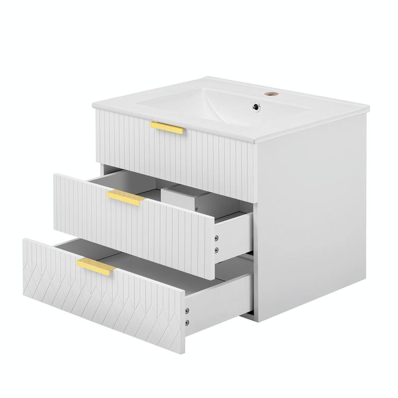 24-inch Wall-Mounted Floating Cabinet with Double Drawer, Rectangular Vanity Sink