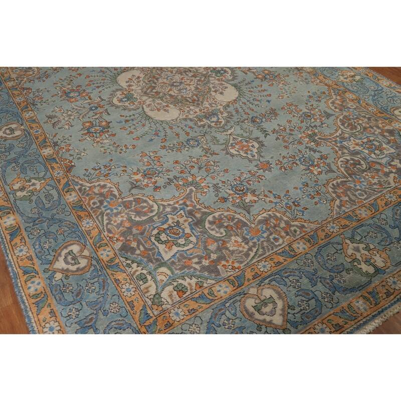 Light Blue Floral Tabriz Persian Rug Hand-Knotted Wool Carpet - 7'7"x 11'1"