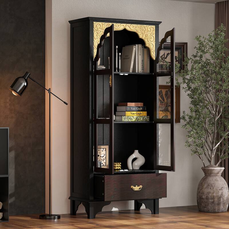 Boho Wood & MDF Display Cabinet with Tempered Glass Doors, Carved Arch Frame & Metal Handle Drawer