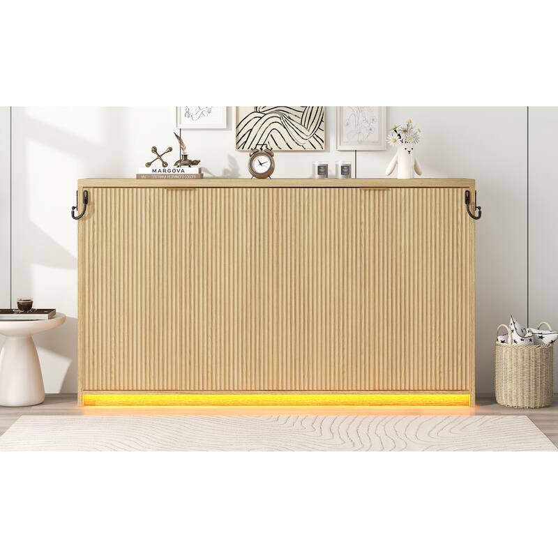 Twin-Size Murphy Bed with LED Lighting, Folds into a Cabinet, Natural Finish