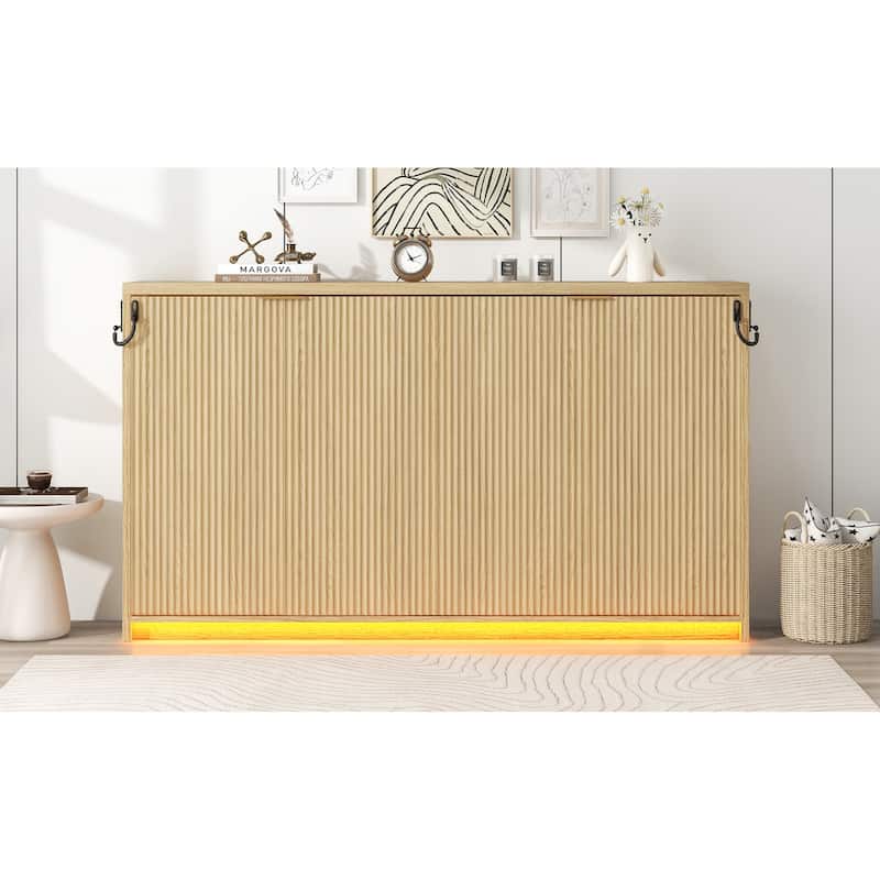 Twin XL Size Murphy Bed with Bottom LED Light, Foldable into Cabinet, Natural
