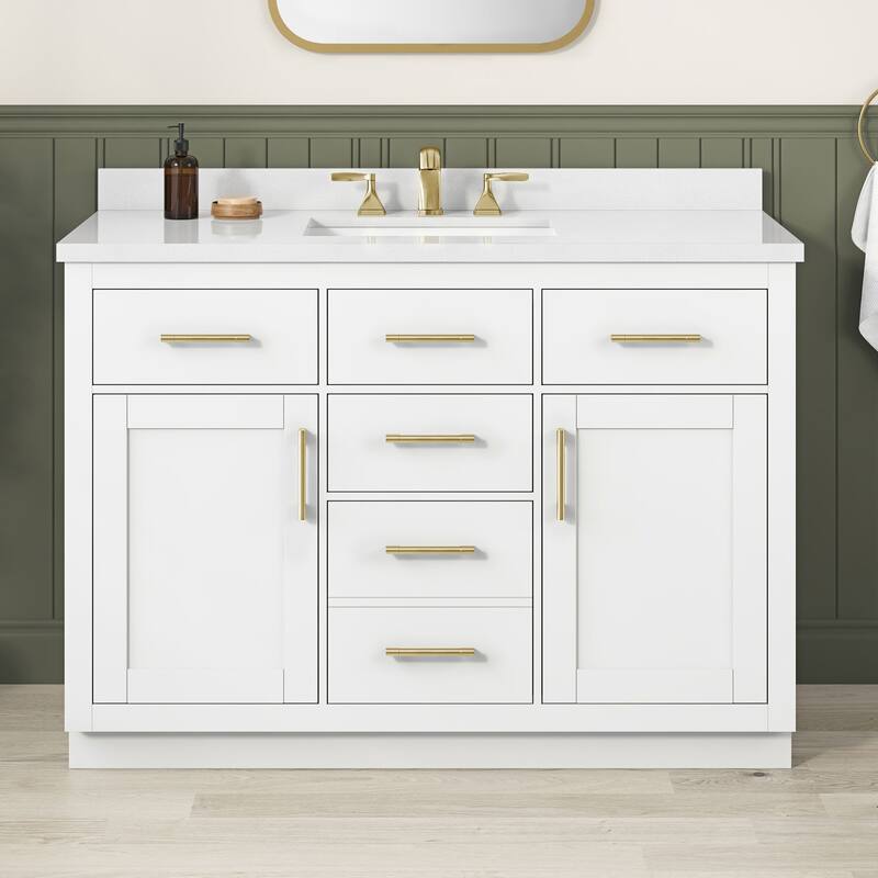 OVE Bailey Bathroom Vanity with Power Bar - 48" - Pure White with Brushed Gold Hardware