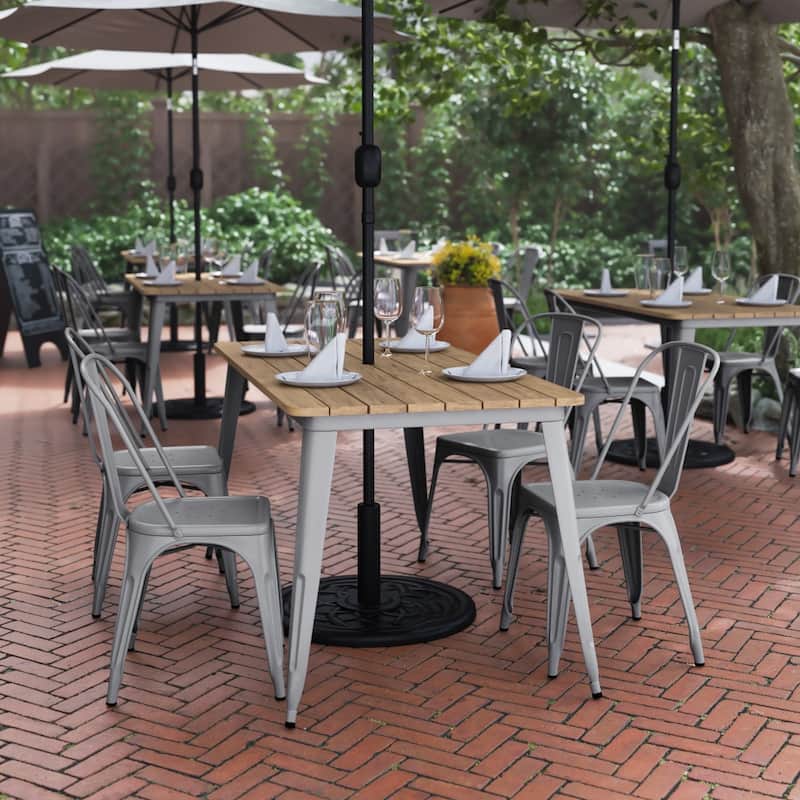 30x60 Commercial Poly Resin Restaurant Table with Umbrella Hole - 30"W x 60"D x 30"H - Brown/Silver
