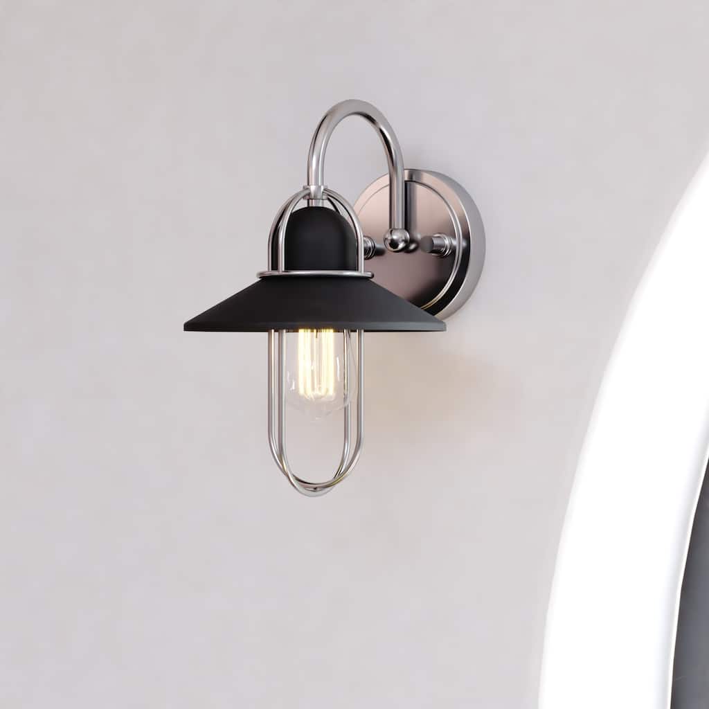 Galena Matte Black and Satin Nickel Coastal Bathroom Vanity Lighting Fixture Metal Cage Shade Dimmable LED Compatible Wall Mount