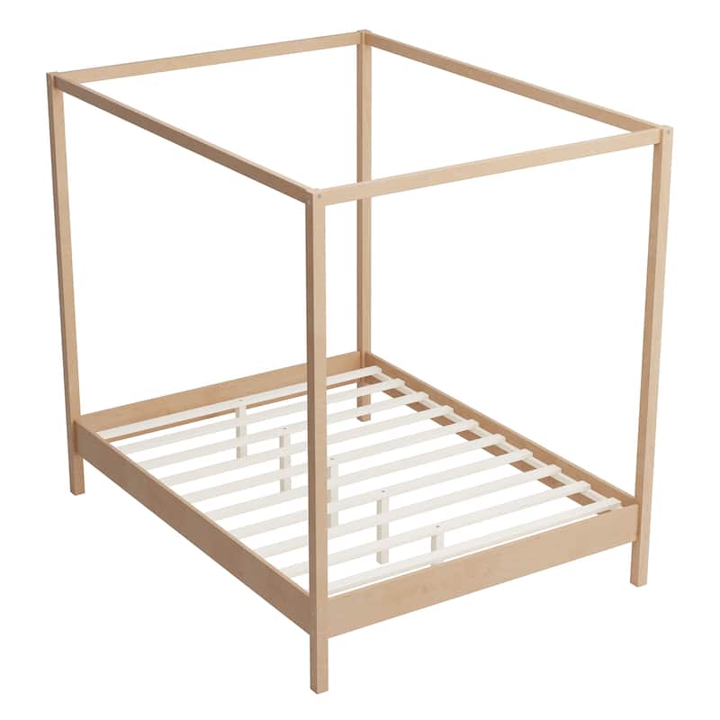 Solid Wood Canopy Bed Frame Four Poster Platform Bed with Slats Support