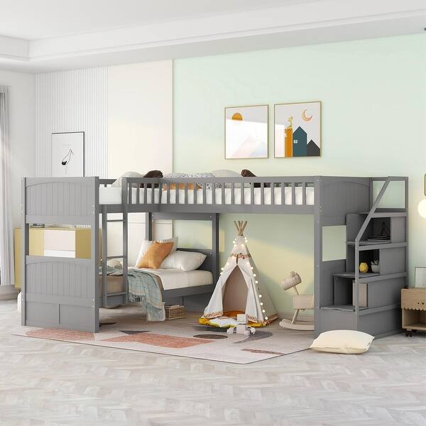 slide 2 of 6, Twin Twin over Wooden L-Shaped Bunk Bed with Stairway and Ladder, Grey