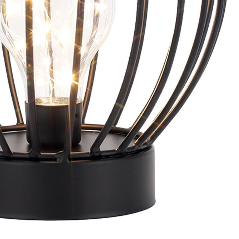 HomeRoots 7" Black Battery Operated Round Bedside Lamp With Metal Cage Globe Shade - 6.00 in. x 7.00 in. x 6.00 in.