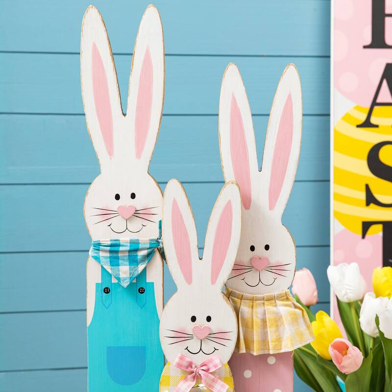 Glitzhome Easter Wooden Bunny Family Standing Decor Porch Sign with Wreath Welcome Wall Decor Party Supplies Props