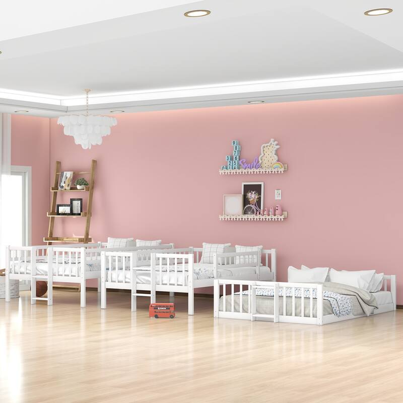 Full-Over-Full-Over-Full Triple Bed with Built-in Ladder and Slide, Triple Bunk Bed with Guardrails