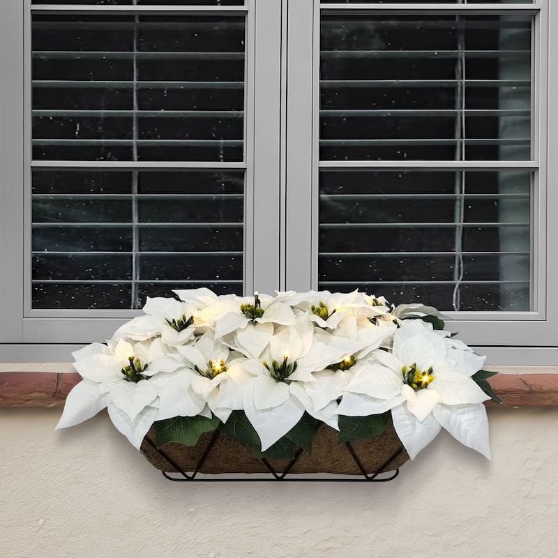 Puleo International 24" Pre-Lit Battery-Operated Artificial White Poinsettia Window Box Décor