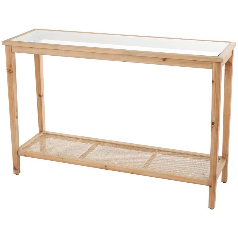 Wood Slim Natural 1 Shelf Console Table with Glass Top and Rattan Shelf - Brown - Roche River Decor - 14"Wx47"Lx32"H