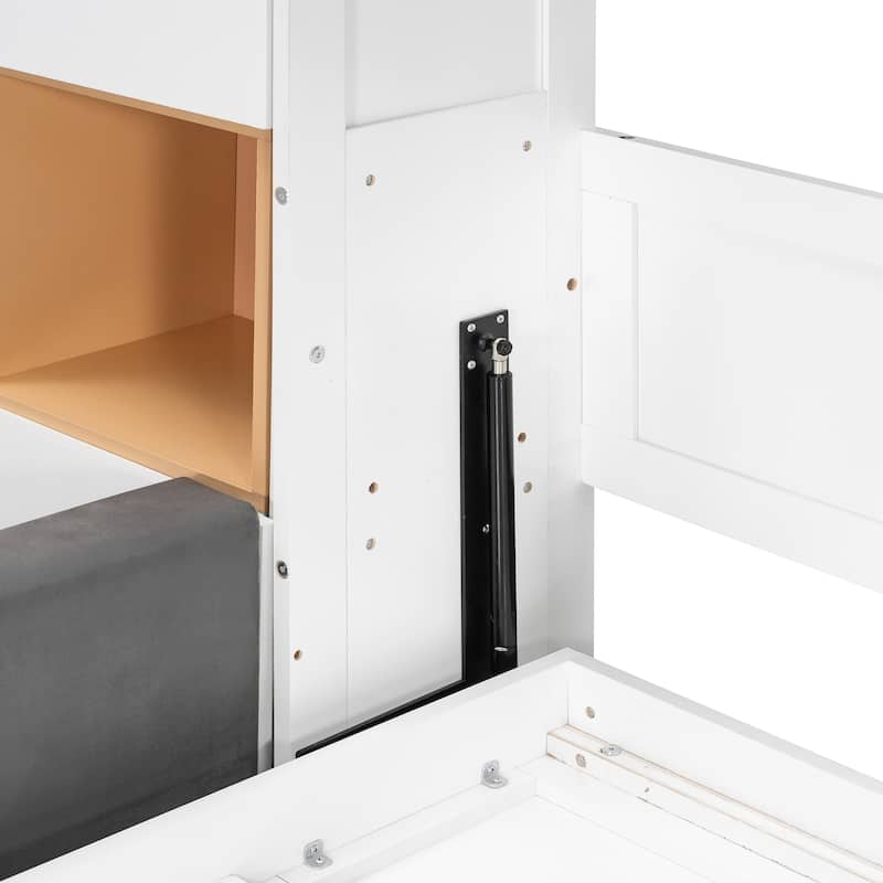 Queen Murphy Bed with Sofa and Cabinets Space Saving Sofa Wall Bed with Open Shelves and Dual Lights for Living Room Guest Room