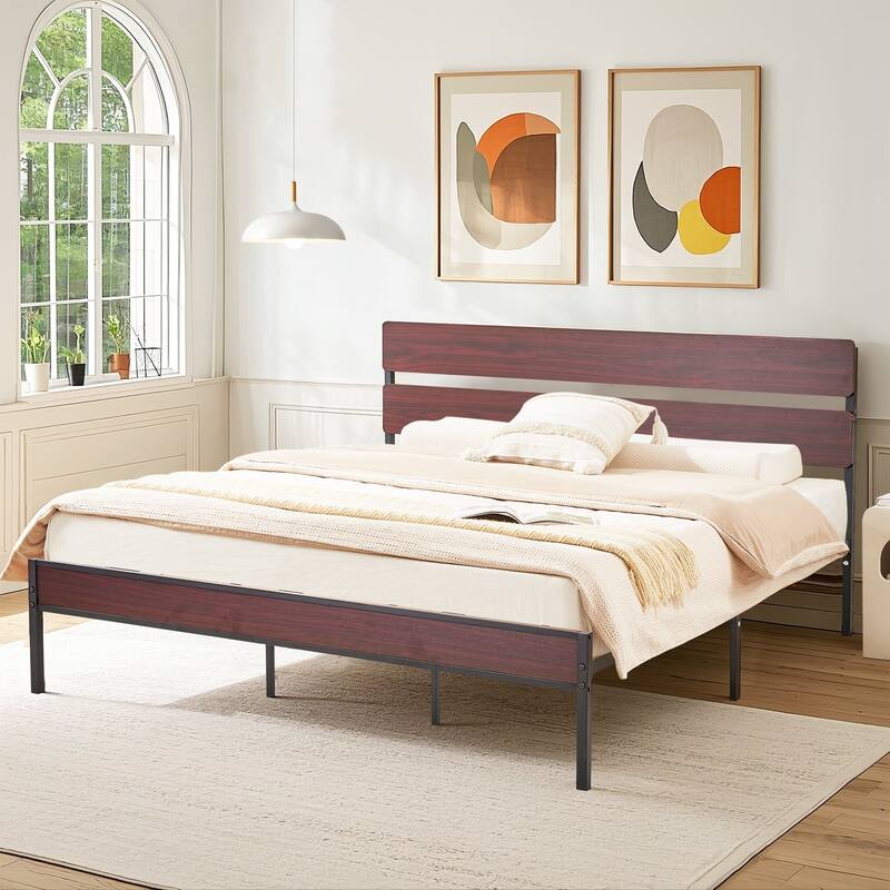 Javlergo Industrial Iron Bed Frames with MDF Headboard - Space-Saving & Durable - Brown - King