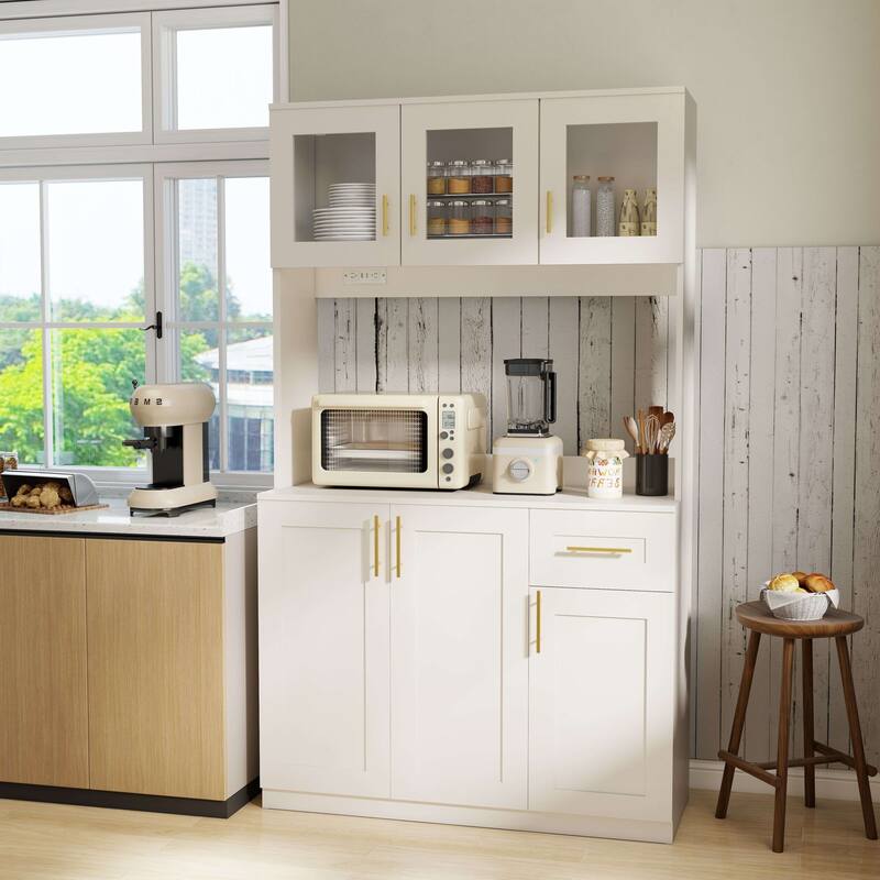 71'' Kitchen Pantry Cabinet with Hutch, Drawer & LED Light, Microwave Stand with Power Outlet for Dining Room or Kitchen