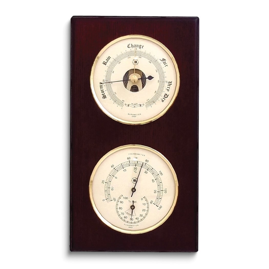 Curata Brass and Mahogany Finish Wood Barometer Thermometer and