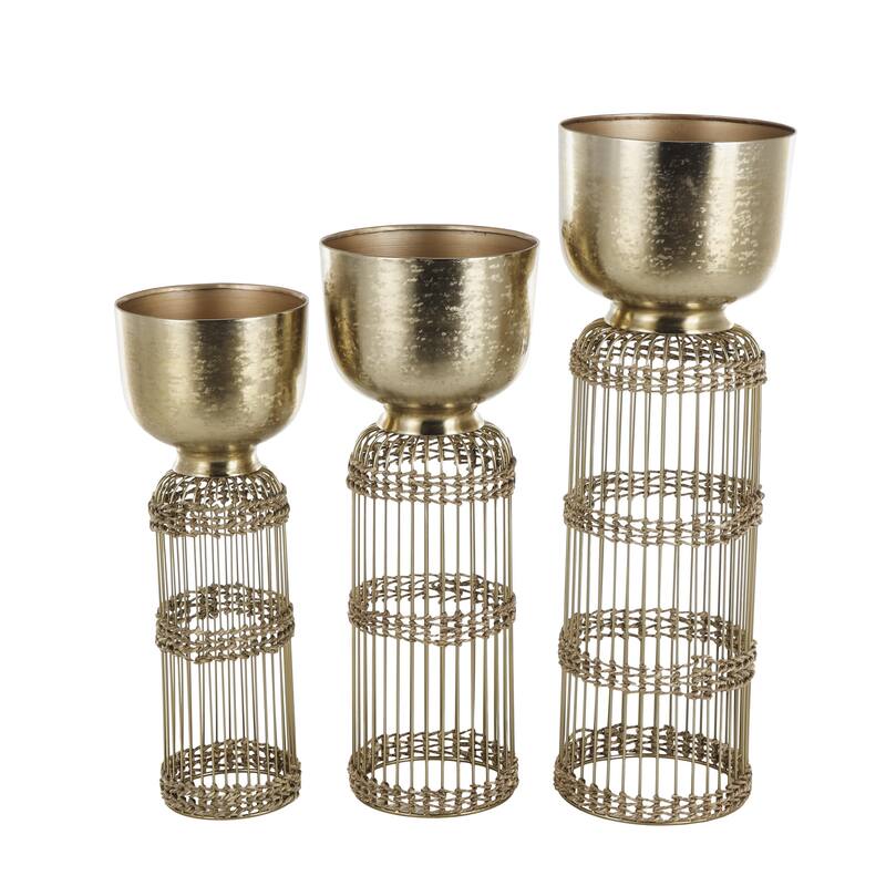 Metal Textured Dome Indoor Planter with Woven Seagrass or Rattan and Cage Rod Base - Set of 3 Gold or Silver - Roche River Decor