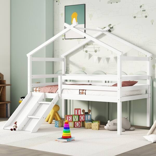 slide 2 of 19, Twin Size Low Loft Bed for Kids, House-Shaped Loft Bed Frame w/ Slide & Ladder Junior Loft Bed for Girls Boys-Safety Guardrails