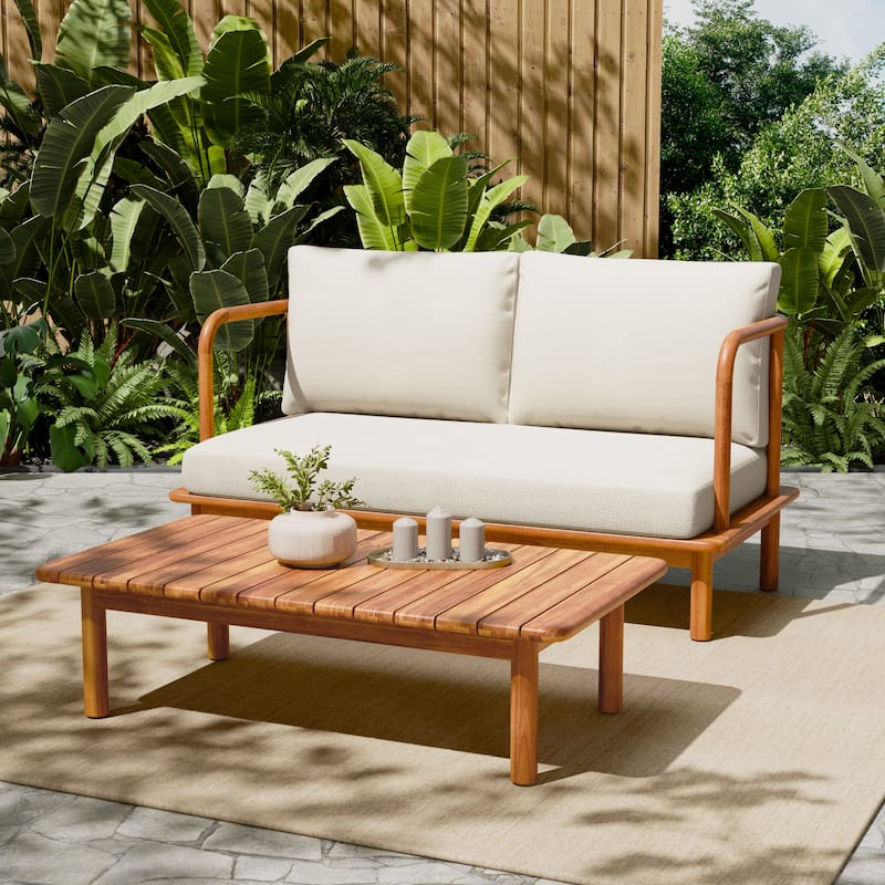 Christopher Knight Home - Canape Modern Outdoor Acacia Wood Loveseat with Coffee Table and Water-Resistant Cushions - Teak Finish+Cream Cushion