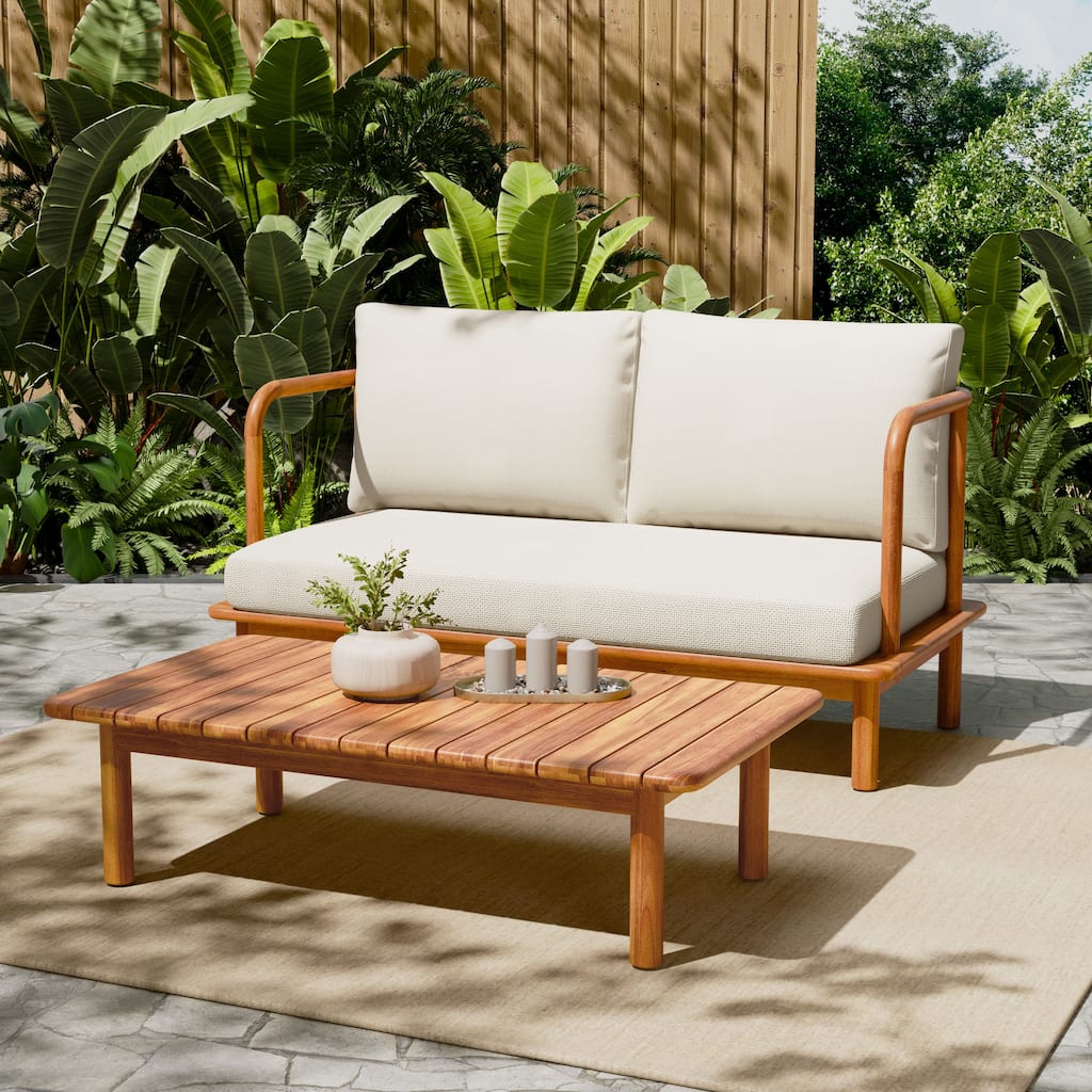 Christopher Knight Home - Canape Modern Outdoor Acacia Wood Loveseat with Coffee Table and Water-Resistant Cushions