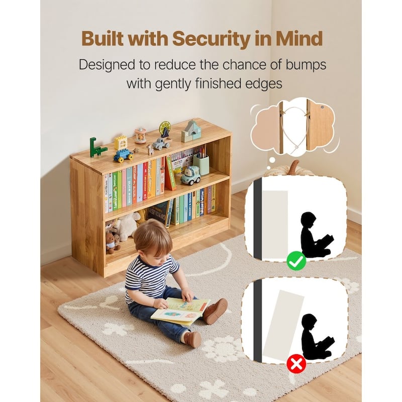 Brown Wooden Montessori Bookshelf with 2 Compartments and Top Storage - 35.43 x 11.81 x 23.62 in