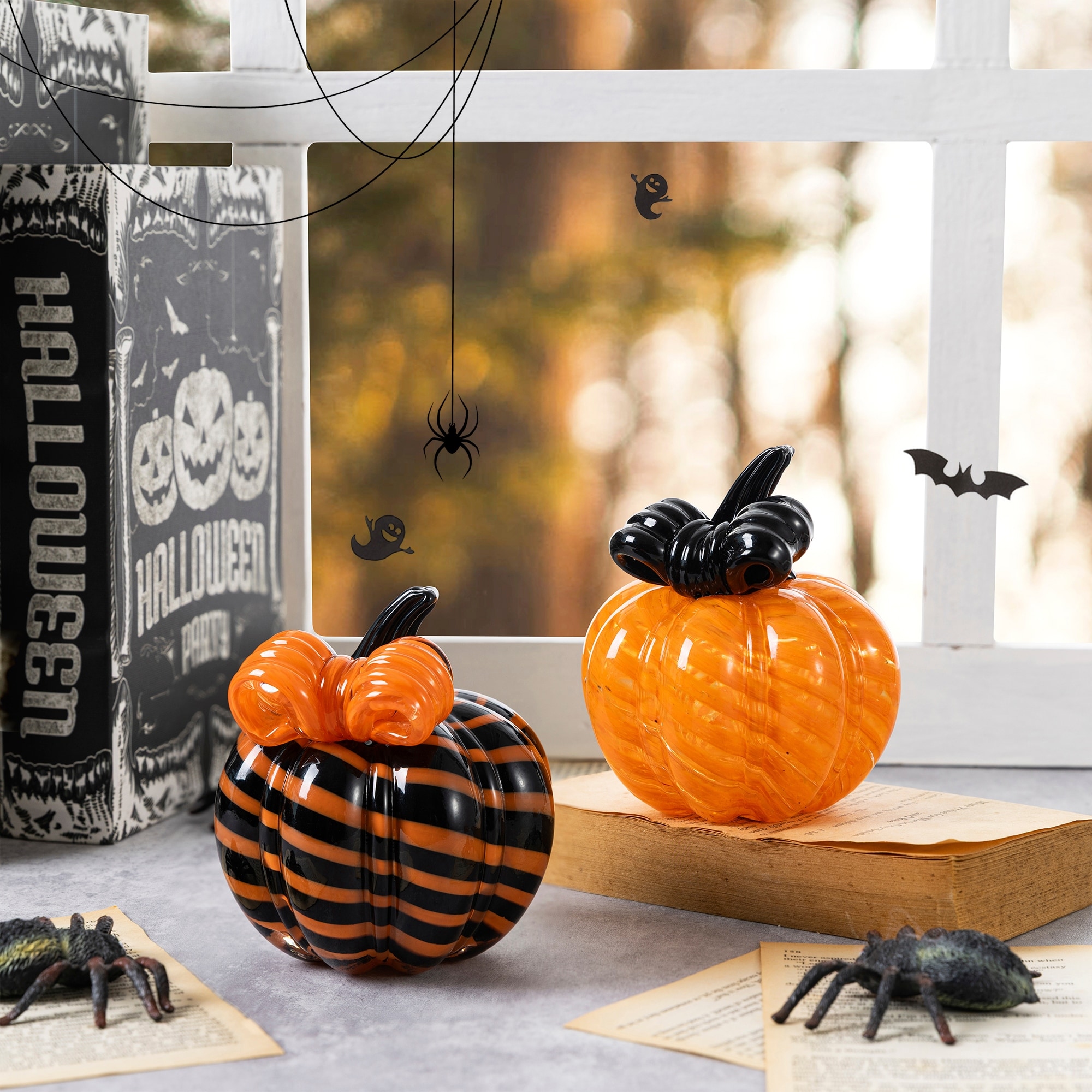 Glitzhome 4.75"H Halloween Striped Glass Pumpkin with Bow