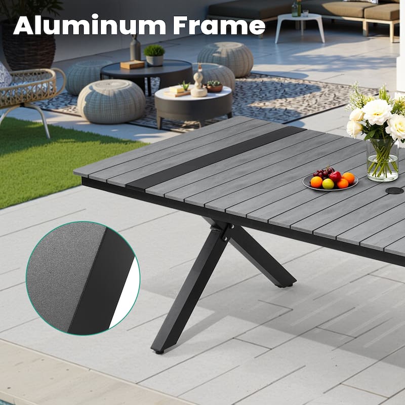 VredHom Aluminum Rectangular Outdoor Patio Dining Table with Umbrella Hole X Frame