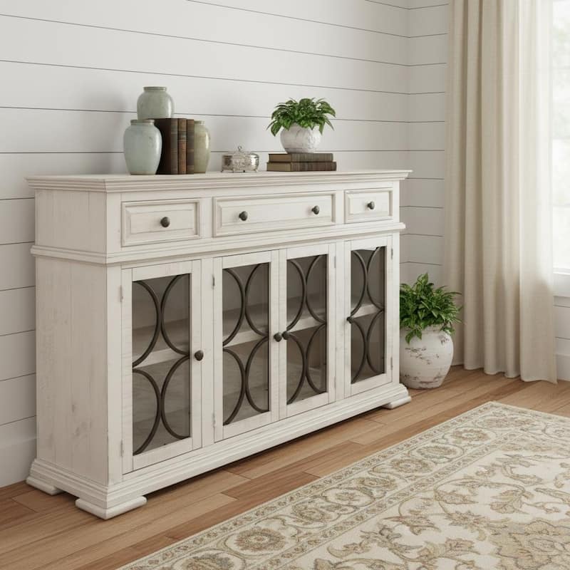 HomeRoots 74" Ivory Solid and Manufactured Wood Distressed Credenza - 73.50 in. x 43.00 in. x 20.50 in. - 73.50 in. x 43.00 in.  x 20.50 in.