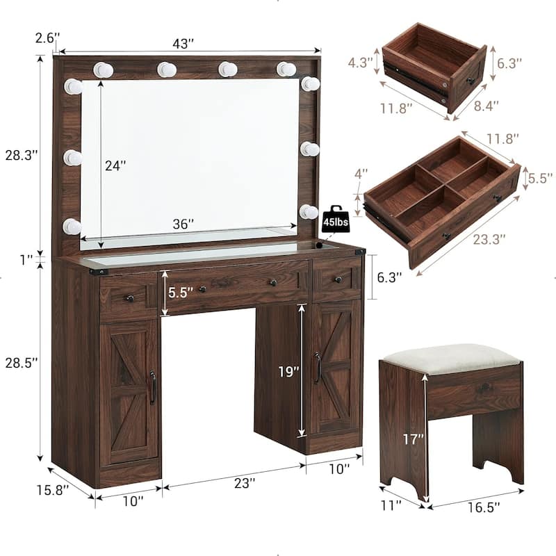 Farmhouse Vanity Desk with Mirror and Storage Space, Stool Included
