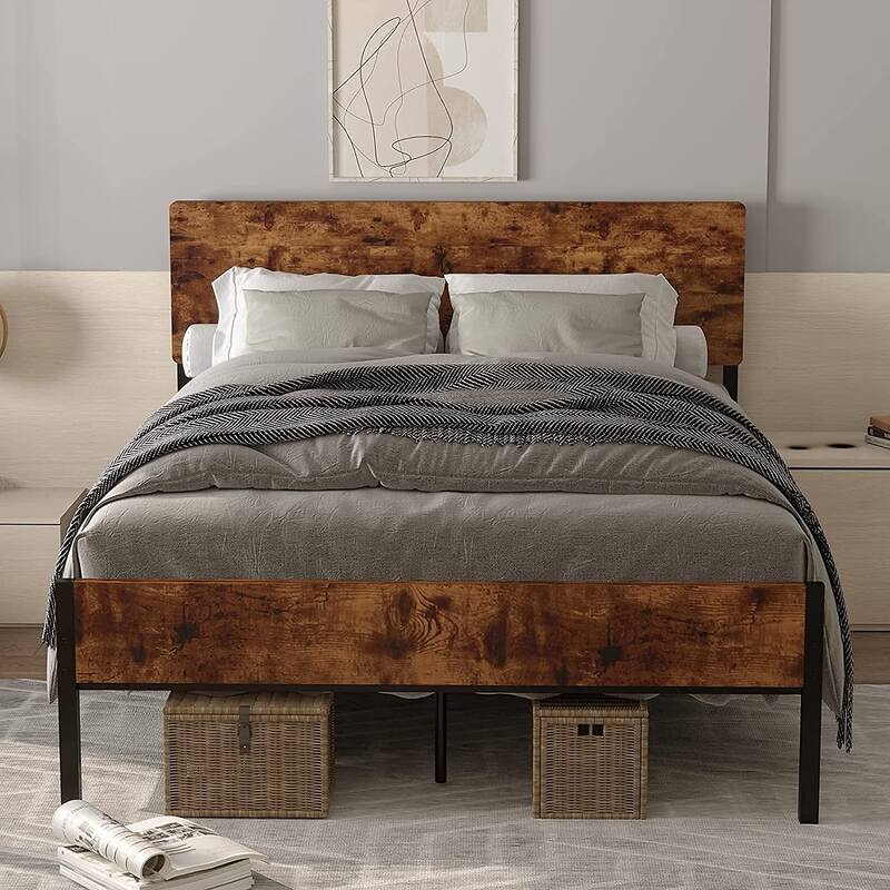 Metal Platform Bed Frame with Wooden Headboard and Footboard