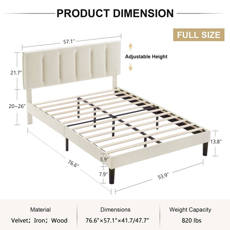 VECELO Beige Tufted Upholstered Platform Bed Frame with Adjustable Height Headboard-Twin/Full/Queen Size Beds