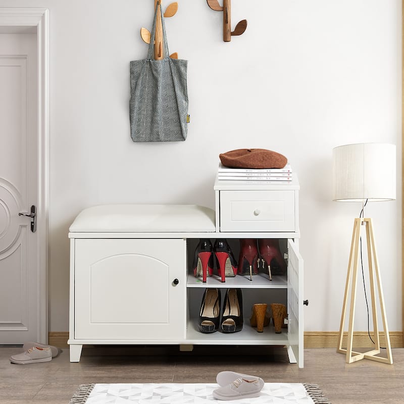 Wooden Shoe Storage Bench Shoe Ottoman Cabinet with Drawer,White