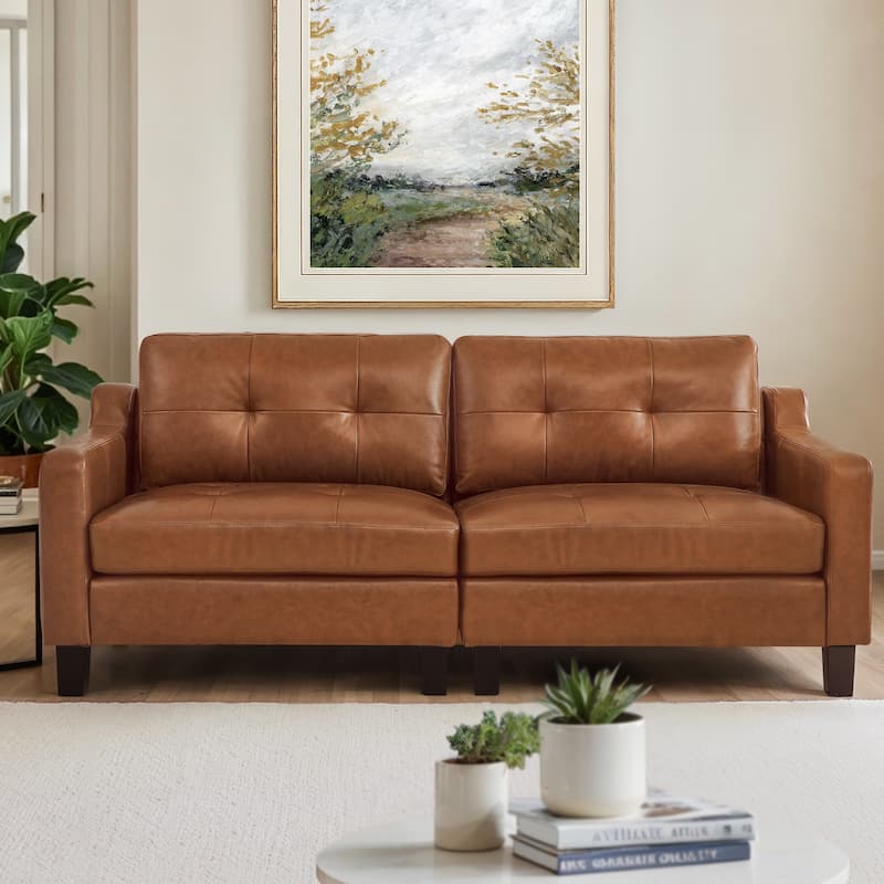 Genuine Leather Sofa Tufted Sectional Couch with Removable Cushions - Cognac Color