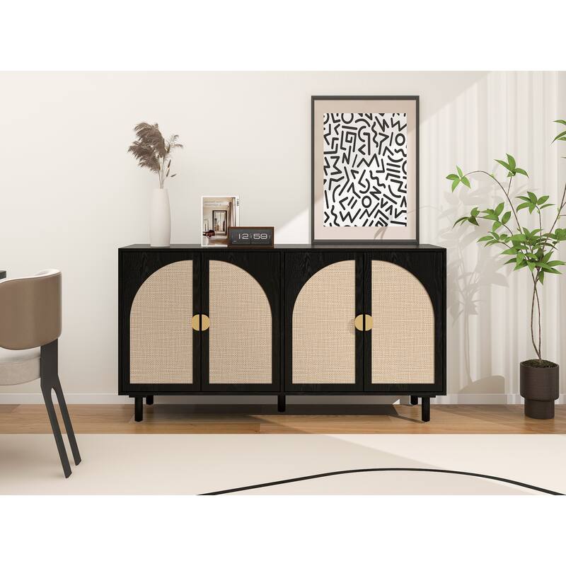 Engineered Rattan Sideboard Accent Storage Cabinet Black Buffet Cabinet