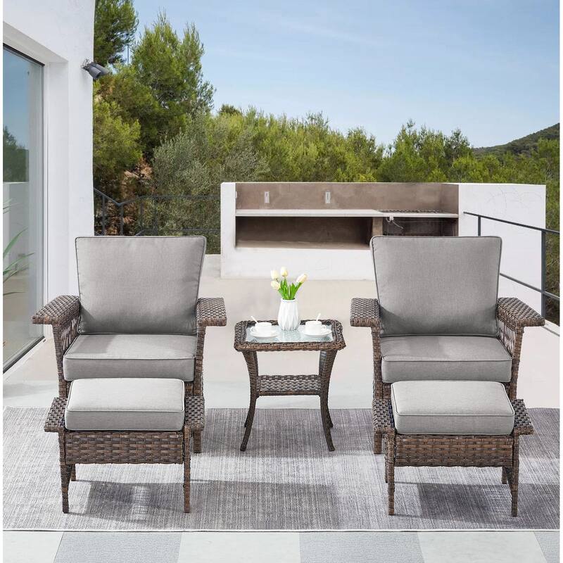 Outside Wicker Chair Conversation Set - Brwon Wicker Grey Cushion - 5PCS Patio Chairs Ottoman with Table