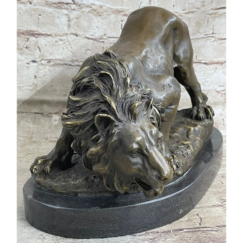 Lion Stalking Prey Hot Cast Bronze Sculpture Statue Art By Antoine Barye On Marble Base