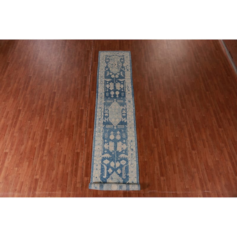 Hand Knotted Oriental 100% Wool Carpet Transitional Geometric Navy Blue & Blues Oushak Runner Rug - 15' 2'' X 2' 10''