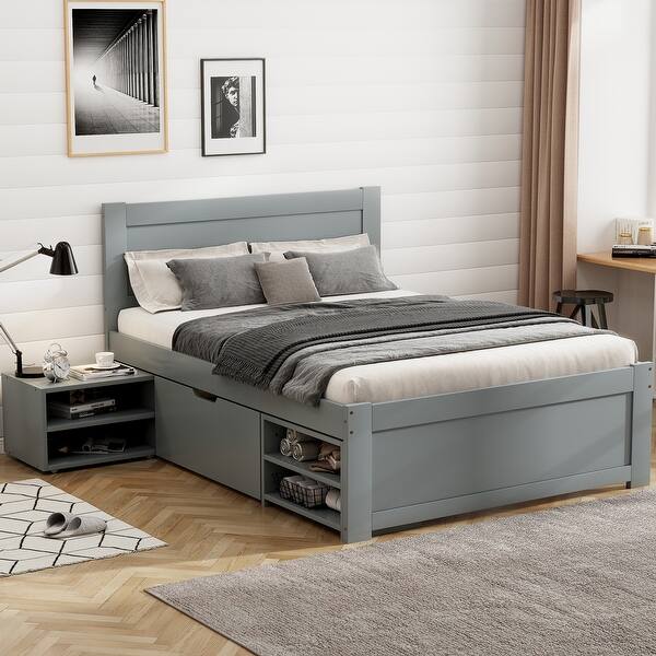 slide 2 of 10, Wooden Twin Size Platform Bed with Storage Drawer and Two Shelves Grey