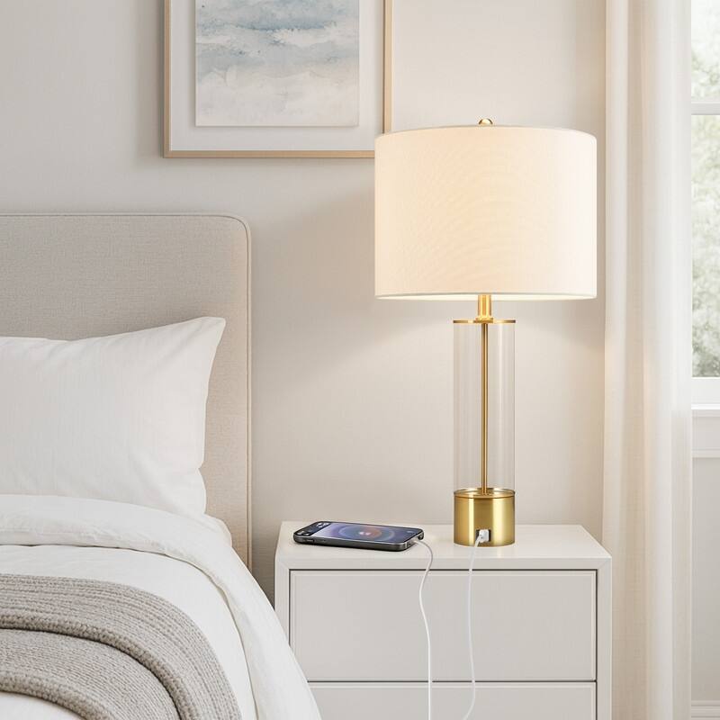 3-Way USB Table Lamp Set of 2 with White Shades - 25.5 in. H