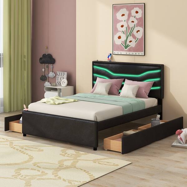 PU Leather Queen Size Upholstered Platform Bed with 4 Drawers and LED