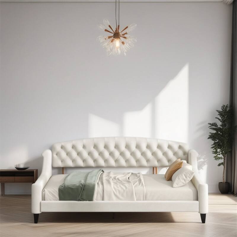 Twin Size Velvet Tufted Daybed with Wood Frame and Legs - Beige