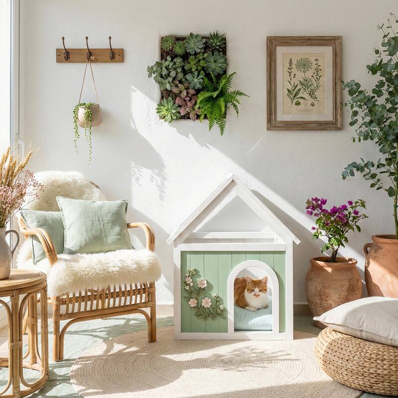 FSC Cedar Pet House with Transparent Roof & Floral Carvings - Indoor Shelter for Cats & Small Dogs