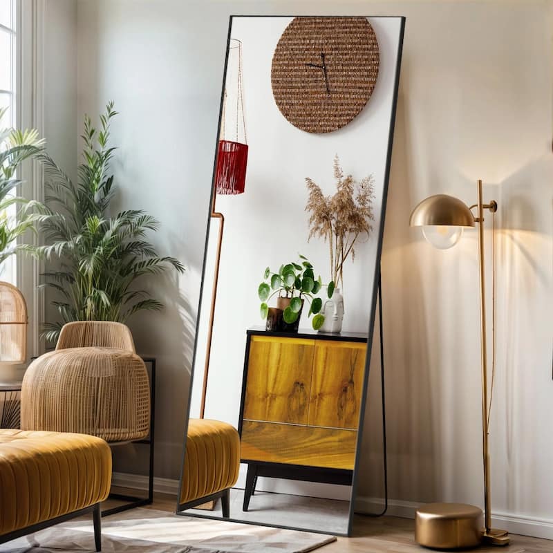 Full Length Mirror with Stand, Floor Mirror with Frame, Full Body Mirrors, Free Standing or Wall-Mounted Mirrors for Living Room - 21X64 - Black