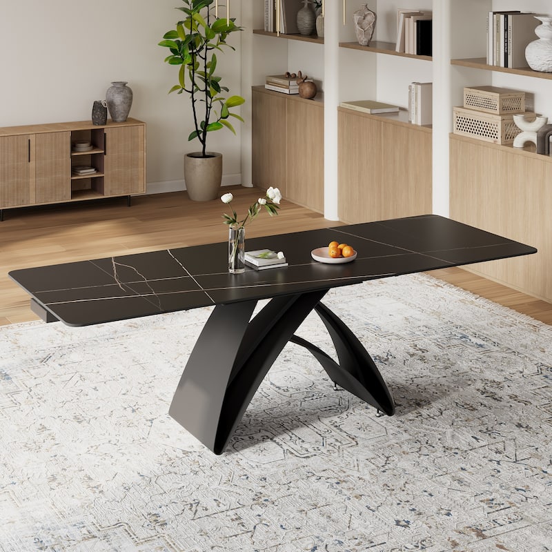 63-95"Extendable Modern Dining Table for 6-10, Black Sintered Stone Tabletop