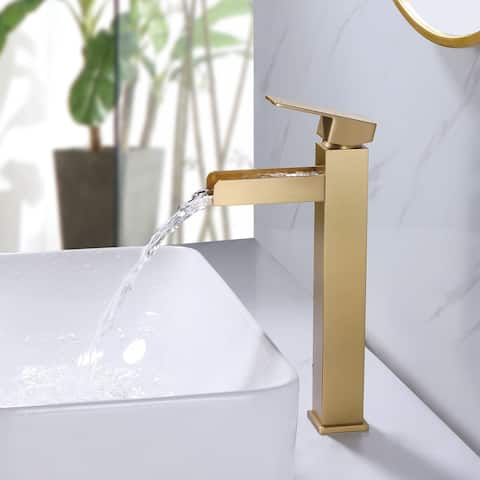 Single Handle Bathroom Vessel Faucet Brushed Gold Bathroom Sink Vessel Faucet One Holes Modern Tall High Basin Vanity Taps